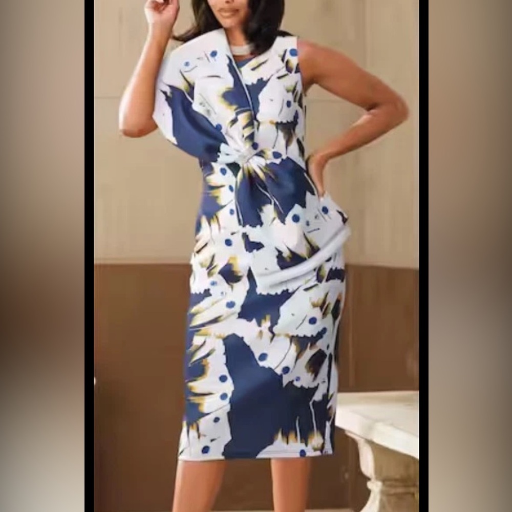 NWOT Ashro Navy, White Floral Bow-Front Midi Dress; flattering, statement